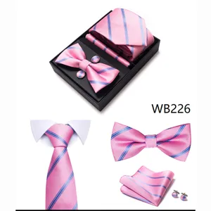 Hombres corbata a rayas rosa pajarita pañuelo gemelos set caja de regalo elegante