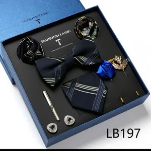 Heren das cadeauset donkerblauw gestreept vlinderdas manchetknopen dasclip speld