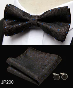 Close-up detail of dark blue polka dot bow tie pocket square and cufflinks set for men.
