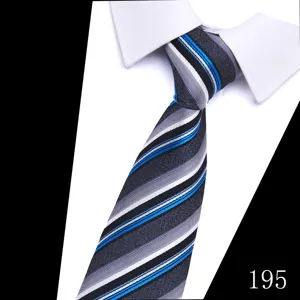 Men's classic striped business tie detail, blue and grey jacquard formal wear accessory.