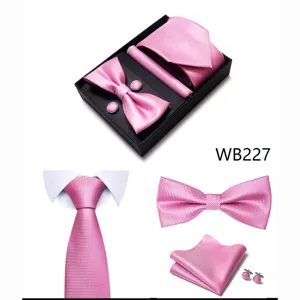 Set de regalo de corbata pajarita pañuelo gemelos rosados para hombre boda formal