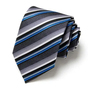 Detailed view of men's striped formal necktie, classic diagonal stripe pattern, fine fabric.