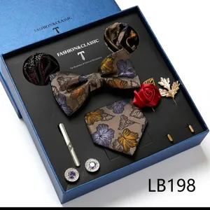 Heren Das Set Bloemen Jacquard Strik Manchetknopen Trouwen Zakelijk Cadeau Doos