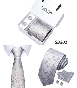 Luxe heren paisley zijde das set met bijpassende pochet en manchetknopen cadeau doos.