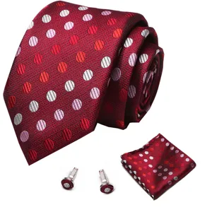Detail van de rode stropdas set met stippen, inclusief pochet en bijpassende manchetknopen.