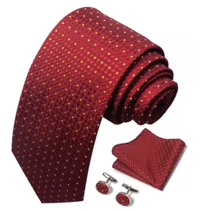 Heren bordeaux rode jacquard stropdas pochet manchetknopen set voor formele bruiloften.