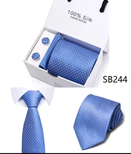 Blauwe Polka Dot Zijden Stropdas Set Heren Zakelijke Huwelijk Cadeau Doos Manchetknopen