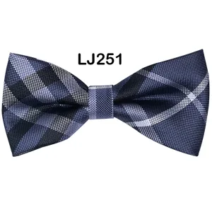 Men's blue grey plaid bow tie detail shot, classic jacquard design for business wedding party.