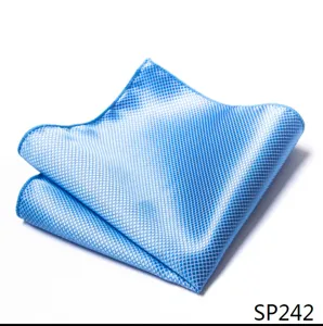 Gedetailleerd uitzicht op lichtblauwe geruite pochette voor heren kostuum accessoire zakdoek.