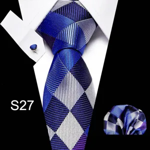 Blauwe geometrische stropdas set voor heren inclusief pochet en manchetknop stijlvol.