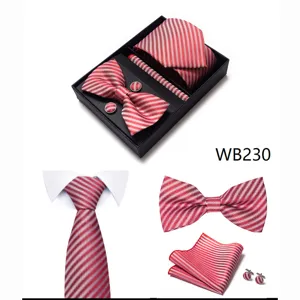 Set de caja de regalo de corbata a rayas rojas de lujo para hombre con pajarita pañuelo gemelos