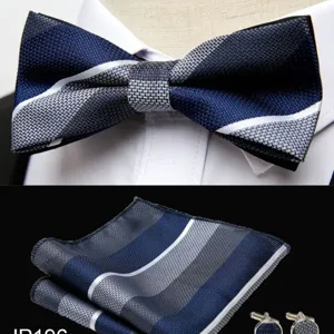 Men's blue striped bow tie pocket square and cufflinks set for wedding business formal wear.