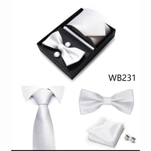 Vista detallada del conjunto de corbata, pajarita y gemelos blancos de alta calidad.