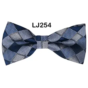 Men's blue white checkered jacquard bow tie for business wedding party formal wear stylish