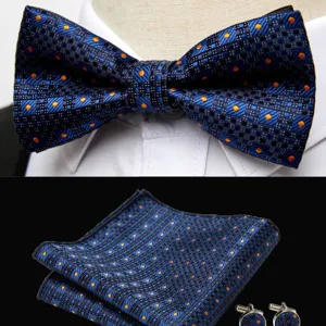 Men blue geometric pattern bow tie pocket square cufflinks set for wedding business suit accessory