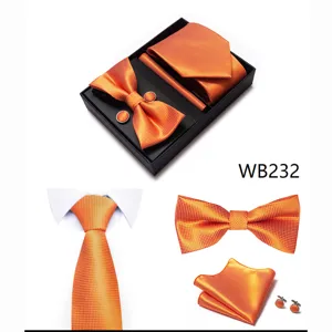 Conjunto de corbata pajarita pañuelo gemelos jacquard naranja caja regalo detalle.