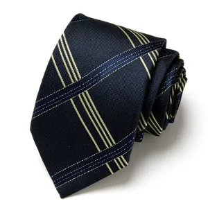 Classic dark blue men's necktie featuring elegant gold striped jacquard pattern for formal wear.
