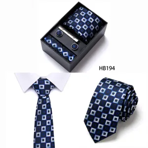 Men business blue geometric jacquard tie set with gift box, pocket square and cufflinks.