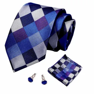 Set van elegante blauwe geruite das pochet en manchetknoppen voor heren kostuum