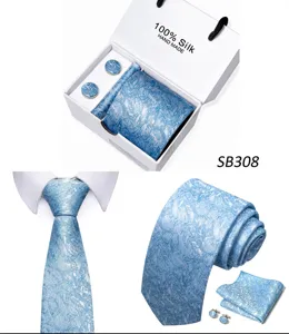 Heren blauwe zijde das set met pochet manchetknopen en geschenkdoos elegant jacquard.