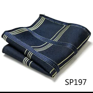 Dark blue pocket square detail with yellow stripes, elegant business suit accessory.