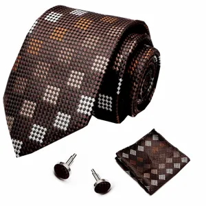 Heren bruin gepand das set inclusief pochet en manchetknopen voor formele zakenkleding.