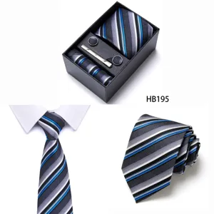 Men's business striped tie set featuring matching pocket square cufflinks and tie clip gift box.