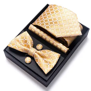 Heren goud geometrisch jacquard stropdas vlinderdas manchetknopen pochet kistje cadeau
