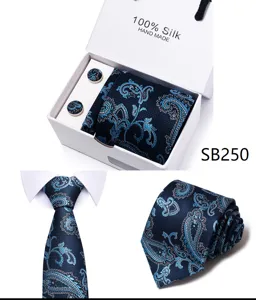 Heren blauwe paisley stropdas set met manchetknoppen en geschenkdoos voor formele kleding.