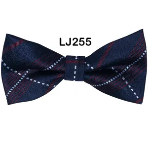 Classic navy blue plaid mens bow tie for business wedding party, stylish polyester neckwear.