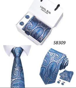 Heren zijden stropdas set met blauw paisley motief, pochet en manchetknopen geschenkdoos.