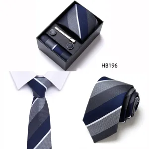 Men business striped tie set with pocket square cufflinks and tie clip in gift box elegance