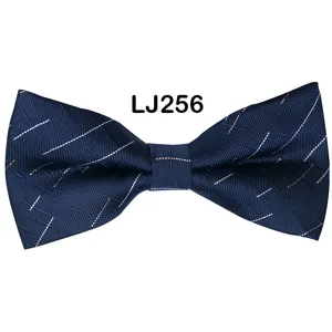 Close-up detail view of the elegant navy blue jacquard woven men bow tie fabric texture.