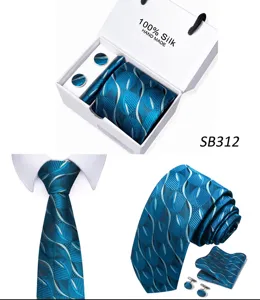 Heren zijde das set zakelijk formeel blauw patroon stropdas pochet manchetknopen cadeau doos