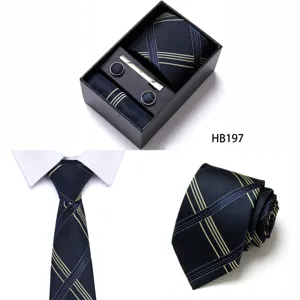 Men business necktie set with gift box striped jacquard tie pocket square cufflinks and clip
