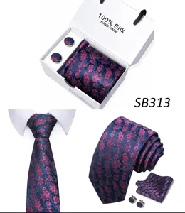 Heren zijden stropdas cadeaupakket met elegant bloemen jacquard patroon en bijpassende manchetknopen.