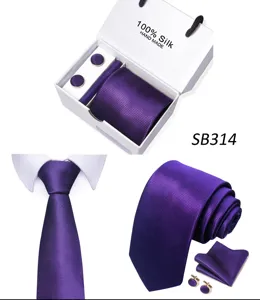 Heren paarse zijden das set met pochet en manchetknopen geschenkdoos voor zakelijke.
