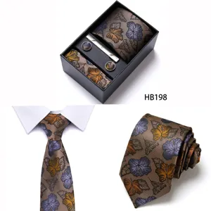 Detailed view of men's business jacquard tie set featuring exquisite floral leaf pattern and gift box.