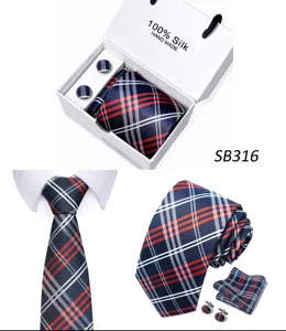 Heren zijden stropdas cadeau set met pochet en manchetknopen met klassiek ruitjespatroon.