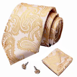 Heren luxe goud paisley stropdas pochet manchetknopen set trouwen zakelijk accessoires.