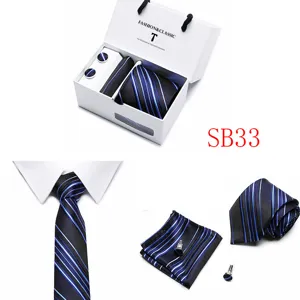 Detailed view of striped men tie pocket square and cufflinks gift set in classic blue and black.