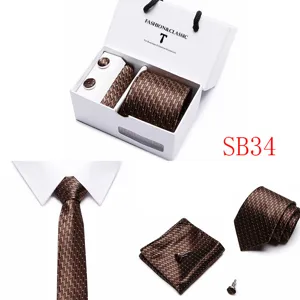 Men's brown striped tie pocket square cufflinks gift set for wedding business formal wear.