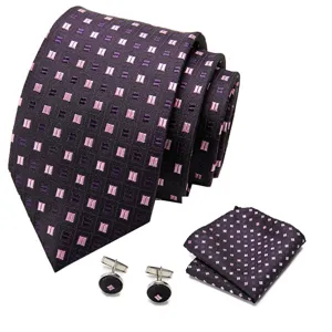 Heren paarse das set met roze geometrisch patroon, pochet en stijlvolle manchetknopen.