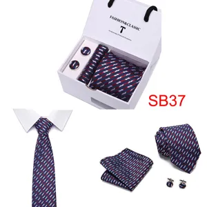Mens classic striped necktie gift set with pocket square and cufflinks in luxury box.
