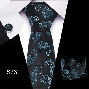 Heren zakelijk paisley zijde das pochet manchetknopen set zwart blauw formele kleding