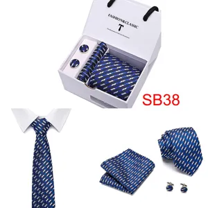 Blue striped men's necktie set detail view featuring gift box, pocket square and cufflinks.