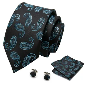 Heren zakelijke zwarte stropdas en pochette set met turquoise paisley patroon voor form.