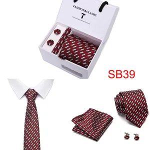 Red striped necktie pocket square and cufflinks gift box set, detailed product display view.