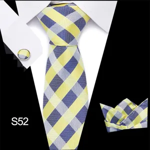 Stijlvol heren geel blauw ruitjes business formele das set met pochet en manchetknopen.