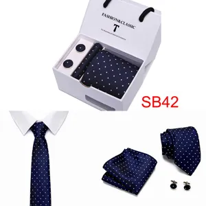 Men blue polka dot tie set with pocket square and cufflinks in gift box for wedding business.